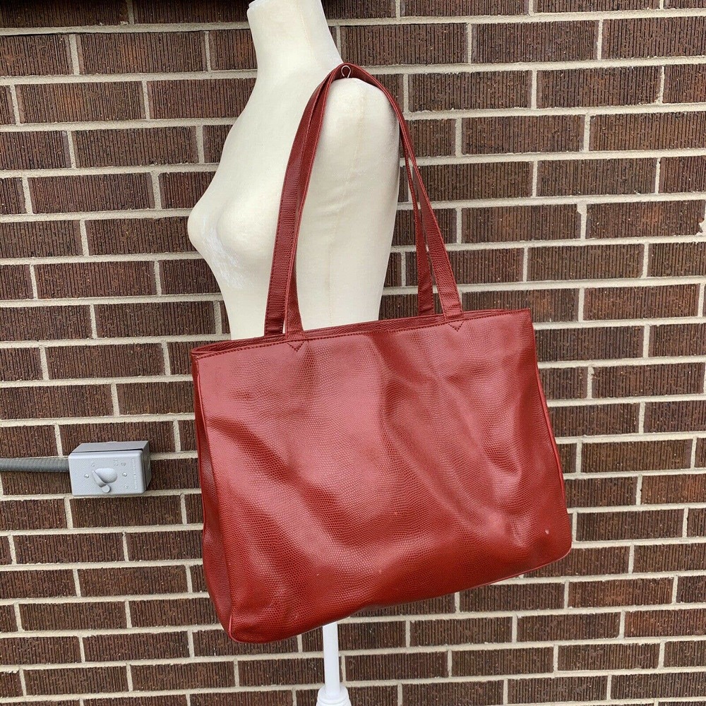 M London Red Leather Tote for Travel, Business, or Casual Snake Embossed